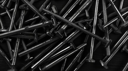 Tiny steel nails set against a dark backdrop. Building Supplies. Background of black and white nail metal.