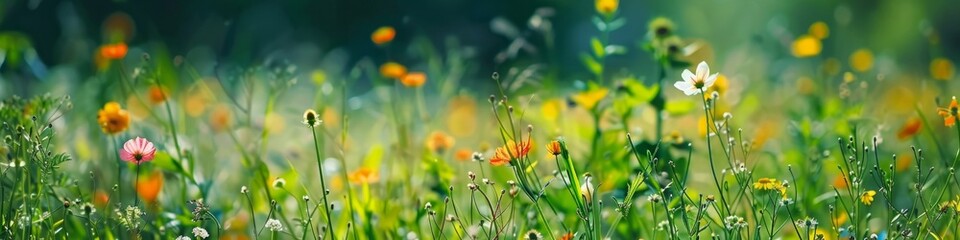 Fototapeta premium A vibrant field filled with lush green grass and blooming orange flowers under the bright sun, background, wallpaper, banner, spring or summer mood