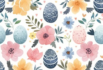 Easter seamless pattern with eggs, flowers and leaves. Watercolor drawing, easter concept.