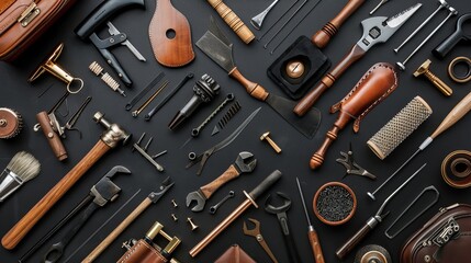 instruments and tools against a black backdrop - obrazy, fototapety, plakaty