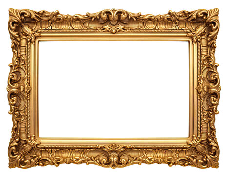 Golden wooden frame isolated on transparent background, Patterned and Vintage picture frame PNG format, old wide ornamental baroque picture frame