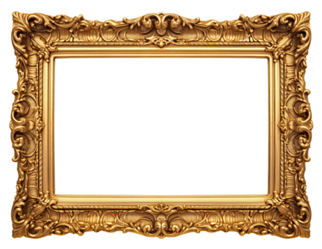 Golden wooden frame isolated on transparent background, Patterned and Vintage picture frame PNG format, old wide ornamental baroque picture frame
