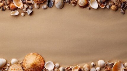 Obraz premium Seashell Decorations on a Beach Sand Background. Negative Space. Generative AI
