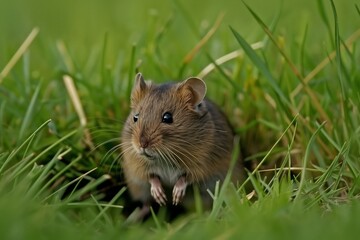vole at the edge of a burrow in tall grass