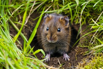 vole at the edge of a burrow in tall grass - 769423248