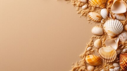 Seashell Decorations on a Beach Sand Background. Negative Space. Generative AI
