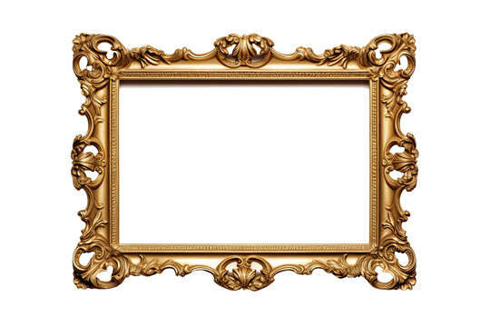 Golden wooden frame isolated on transparent background, Patterned and Vintage picture frame PNG format