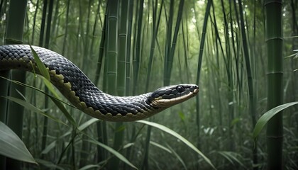 A Cobra Slithering Through A Dense Bamboo Forest - obrazy, fototapety, plakaty