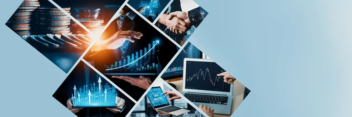 Fotobehang Futuristic business digital financial data technology concept for future big data analytic and business intelligence research for businessman analyst invest decisions making panoramic banner kudos © Summit Art Creations