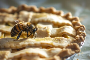 macro shot of bee on apple pie crust