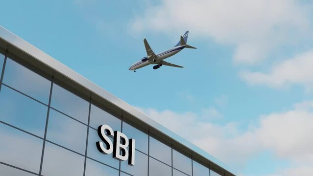 Airplane landing at SBI Building