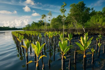 rice-growing season officially begins.Under a clear sky, mangrove plants on the Lebak coast mitigate coastal erosion and abrasion.


 - obrazy, fototapety, plakaty