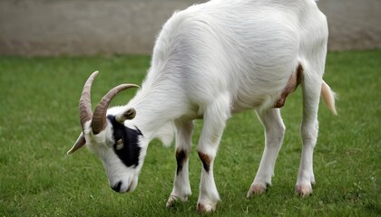 Naklejka na ściany i meble A Goat With Its Head Bowed Grazing On Grass