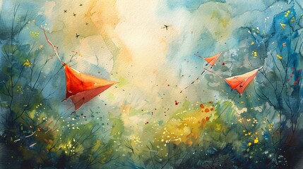 Watercolor kites flying, spring breeze