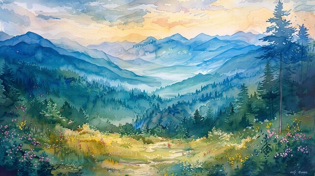 Watercolor mountain spring, serene view