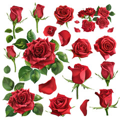 Beautiful bouquet flowers of red and scarlet blooming roses with leaves and buds, Lovely floral design element. isolated on a Transparent Background. Generative AI