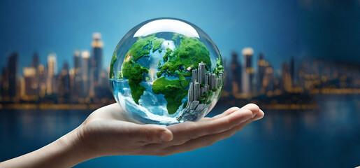 World habitat day concept: Two human handing big city and earth globe over blurred blue nature background. Generative Ai