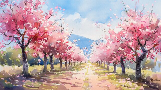 Watercolor blooming orchard, springtime