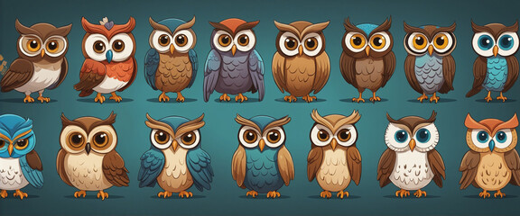 Clipart set Enchanting cartoon Owl Illustrations  isolated on transparent background,   colorful background