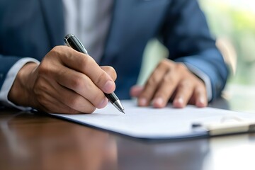 Businessman signing contract during corporate meeting to finalize business deal or legal decision. Concept Business meeting, Corporate deal, Contract signing, Legal decision, Businessman - obrazy, fototapety, plakaty