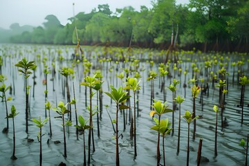 rice-growing season officially begins.Under a clear sky, mangrove plants on the Lebak coast mitigate coastal erosion and abrasion.


 - obrazy, fototapety, plakaty