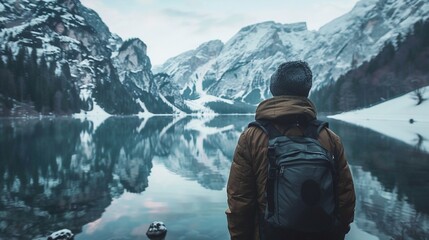 Impressive Winter Lake Landscape with Backpacker Traveler: Nature Adventure - obrazy, fototapety, plakaty