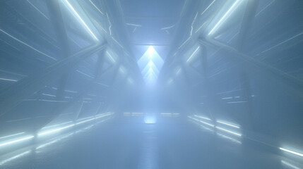 A large, empty room with a blue ceiling and white walls. The room is lit by a series of white lights