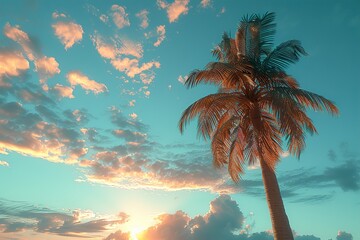 Fototapeta na wymiar Copy space of tropical palm tree with sun light on sky background. 