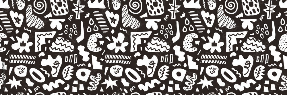 Wall mural abstract black seamless pattern hand drawn various shapes, curls, forms and doodle objects. modern v