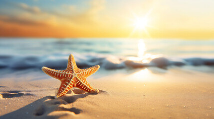 Fototapeta na wymiar Golden Sunrise at the Beach with a Lone Starfish on the Shore, Symbolizing Hope and Renewal, Serene Seaside Morning