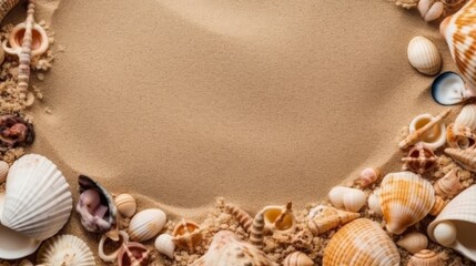 Obraz premium Seashell Decorations on a Beach Sand Background. Negative Space. Generative AI