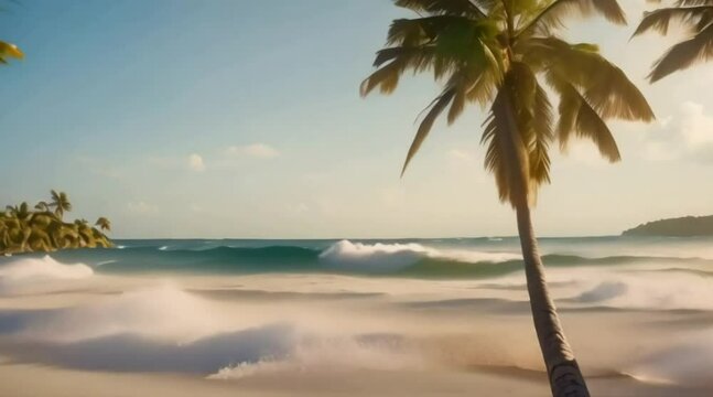 palm trees on a tropical beach with wave