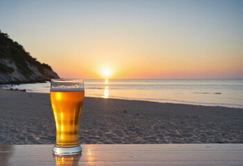 Resort Beach, Sunset and Draft Beer colorful background - obrazy, fototapety, plakaty