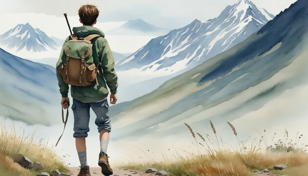 Watercolor illustration of a boy walking back   colorful background