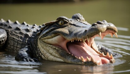An Alligator With Its Mouth Agape Emitting A Low - obrazy, fototapety, plakaty