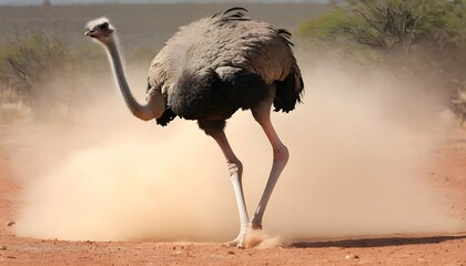 An Ostrich With Its Powerful Legs Kicking Up Dust - obrazy, fototapety, plakaty