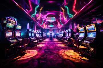 Blurred motion game room at entertainment complex in Dallas, Texas, USA. Abstract arcade area background.