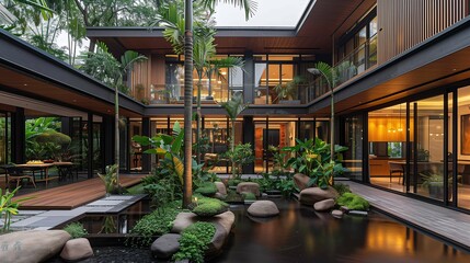 Modern Tropical House with Courtyard Garden and Reflecting Pool - obrazy, fototapety, plakaty
