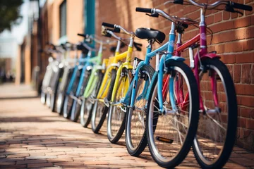 Crédence de cuisine en verre imprimé Vélo Colorful bicycles standing in the line at the park, selective focus.