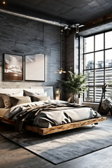 Bedroom interior in loft, industrial style, frame mockup, 3d render, generative ai