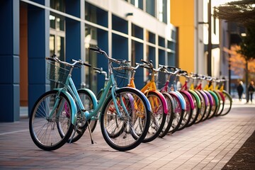 Colorful bicycles standing in the line at the park, selective focus.