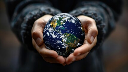 Woman holding a detailed,lifelike representation of the planet Earth in her cupped hands The image serves as a powerful symbol of our collective responsibility to care
