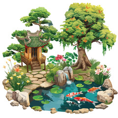 A tranquil garden with a koi pond