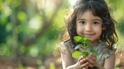 Cheerful young girl with curly hair is holding a small plant seedling in her hands,symbolizing the transfer of care and knowledge to the next The image represents the importance of environmental