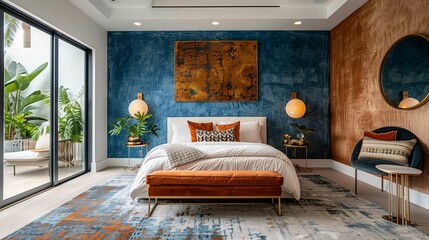 Modern Bedroom Interior with Blue Wall and Stylish Decor