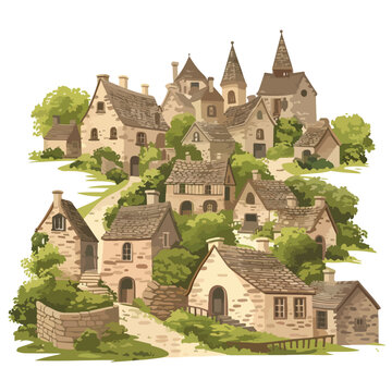 A tranquil village with stone cottages.