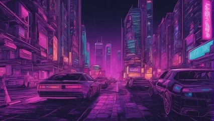 Rolgordijnen Generative AI. Cityscape of neon glow art. Building and apartments all around, covered in neon. Cars moving on road. mesmerizing view of city bathed in neon colors.  © Maahir