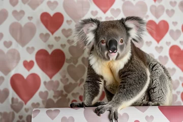 Keuken spatwand met foto koala in photographers studio, paws on a heartpatterned backdrop © primopiano