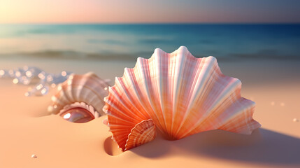 Small conch shells on the beach, blurred beach and bokeh background