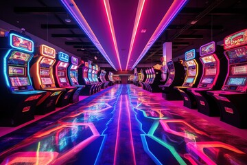Blurred motion game room at entertainment complex in Dallas, Texas, USA. Abstract arcade area background.
